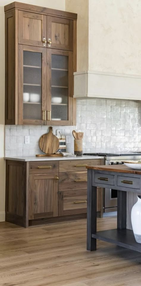 Rustic Organic Modern Kitchen, Refined Rustic Kitchen, 2023 Wood Cabinet Trends, Light Wash Wood Kitchen Cabinets, Wood Tone Kitchen Cabinets 2023, Wood Cabinets Colored Island, Natural Brown Kitchen Cabinets, Rich Wood Kitchen Cabinets, Dual Tone Kitchen Cabinets Wood