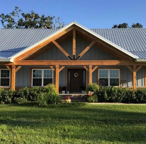 Front Porch Truss Ideas, Gable Roof House Exterior, Peaked Porch Roof, Simple Roof Design Ideas, Exposed Beam Front Porch, Ranch Home With Front Porch, Front Gable Ideas, Adding A Back Porch To A House, Board And Batten Siding On Mobile Home