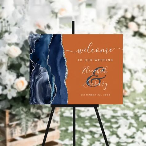 Navy Blue Silver Burnt Orange Wedding Welcome Foam Board Gold Ivory Wedding, Blue Silver Weddings, Modern Wedding Welcome Sign, Pale Blue Wedding, Blue Gold Wedding, Handwriting Calligraphy, Elegant Modern Wedding, Marble Wedding, Dark Wedding