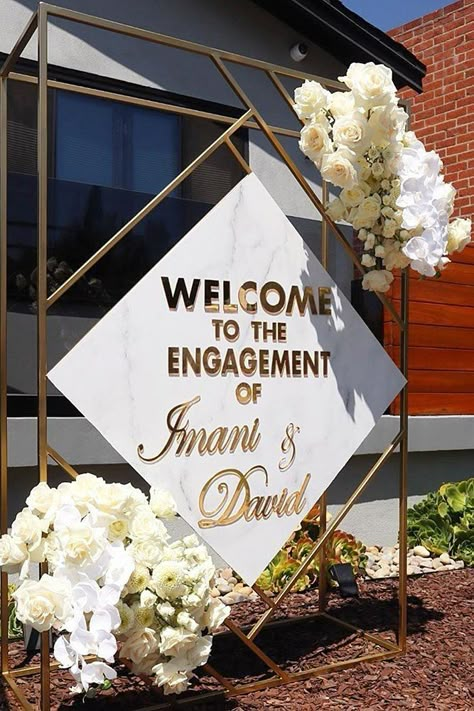 Signage Florals, Welcome Stand, Engagement Party Themes, Wedding Entrance Sign, Engagement Themes, Engagement Stage Decoration, Engagement Party Planning, Elegant Engagement Party, Party Rules