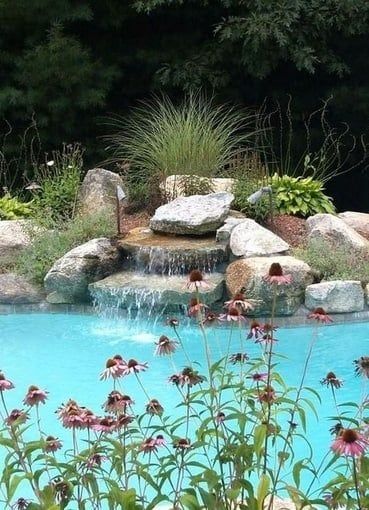 waterfall-built-into-pool-510px Stone Waterfall Fountain, Pool Waterfall Landscaping, Simple Fountain, Backyard Waterfall Ideas, Pool Waterfalls, Stone Waterfall, Waterfall Landscaping, Waterfall Pool, Backyard Waterfall