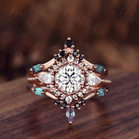 Vintage Moissanite Engagement Ring Set Unique Rose Gold - Etsy Gold Cluster Engagement Ring, Alexandrite Wedding Band, Vintage Moissanite Engagement Ring, Unique Engagement Ring Settings, Moissanite Engagement Ring Set, Deco Rose, Cute Engagement Rings, Gold Promise Rings, Unique Roses