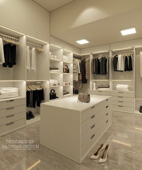 Modest Walk In Closet, Walk In Closet Aesthetic Minimalist, His And Hers Walk In Closet Design Master Suite, Walking Wadroob Design, Large Walk In Closet With Island, Walk In Wardrobe With Island, Dressing Room With Island, Walking Closet Modernos, Walk In Closet White