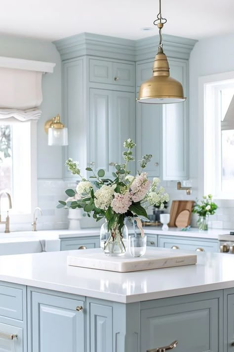 Emslifeandloves Coastal Kitchen Cabinets, Blue Kitchen Island, Light Blue Kitchens, Multifunctional Kitchen, Blue Kitchen Cabinets, Beach House Kitchens, French Country Kitchen, Coastal Kitchen, Kitchen Cabinet Colors