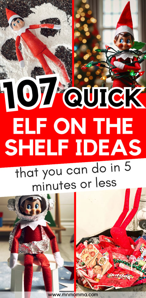 best elf on the shelf ideas for toddlers and big kids with image of elf doing funny things like making a snow angel in flour, laying in bed, holding a letter board, and riding in a barbie car Elf On The Shelf Tp Ideas, Elf On The Shelf Ideas Baby Elves, Elf Ideas When Kids Are Gone, Elf On The Shelf Ideas Funny Older Kids, Elf On The Shelf Ideas Out Of Reach, Elf On The Shelf Ideas Paper Towel Roll, Easy Ideas For Elf On The Shelf, Simple Funny Elf On The Shelf Ideas, Elf On The Shelf Ideas Funny Messy