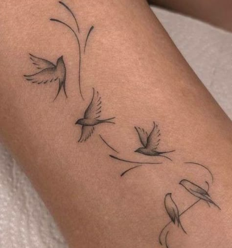 Bird Wrap Around Arm Tattoo, Bird And Vine Tattoo, Shoulder Bird Tattoos For Women, 5 Birds Tattoo, Police Tattoo Ideas Women, Asher Tattoo, Grandchildren Tattoo Ideas Grandmothers, Bird Wrist Tattoo, Floral Bird Tattoo