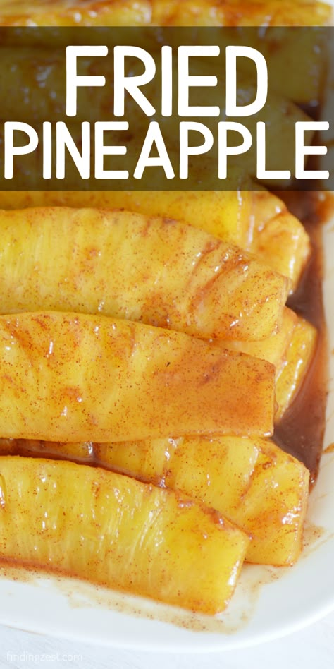 Fresh pineapple spears cooked in a brown sugar and cinnamon glaze. Fried Pineapple Recipes, Pineapple Ideas Food, Carmelized Pineapple Rings, Baked Pineapple Slices, Fried Pineapple Dessert, Whole Pineapple Recipes, Recipes For Fresh Pineapple, Pineapple Deserts Easy, Pinapple Recipes Fresh