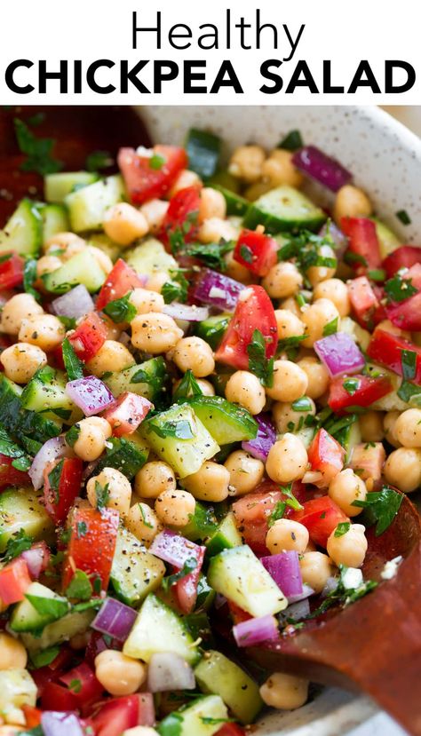 Chickpea Salad - healthy, easy, bright and flavorful and quick to make. Makes a delicious lunch especially when you add some tuna or salmon. #chickpeasalad #salad #healthyrecipe Mediterranean Diet Chickpea Salad, Cottage Cheese And Chickpea Salad, Shrimp Chickpea Salad, Cold Chickpea Recipes, Healthy Salad For Weight Loose, Chickpea Olive Salad, Chickpeas Recipe Salad, Corn Chickpea Salad, Simple Chickpea Salad