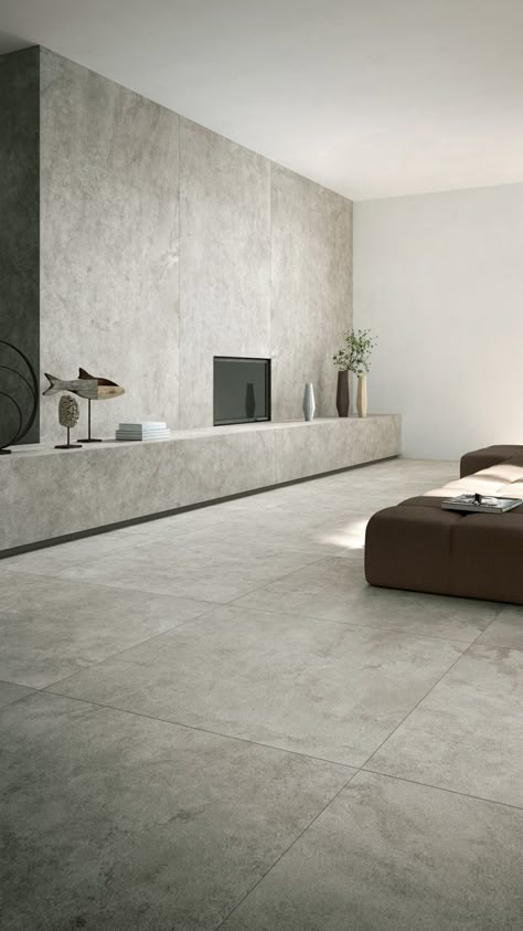 Concrete Living Room, Concrete Interior Design, Concrete Interiors, Living Room Tiles, Large Decor, Concrete House, Minimalism Interior, Porcelain Tiles, Wall And Floor Tiles