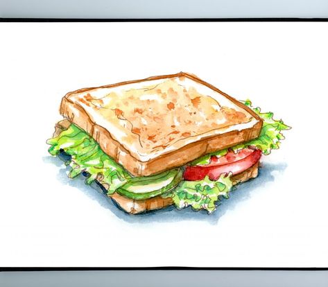 Sketching Food Sandwich Drawing, Food Art Illustration, Food Art Painting, Food Stock, Food Sketch, Veggie Sandwich, Food Illustration Art, Watercolor Food, Food Drawings