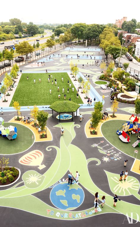 This Playground In The Bronx Just Got An Impressive Makeover Playground Design Plan, Community Park Design, Kids Architecture, Outdoor Design Ideas, Kids Museum, Modern Playground, Playgrounds Architecture, Playground Landscaping, Public Playground