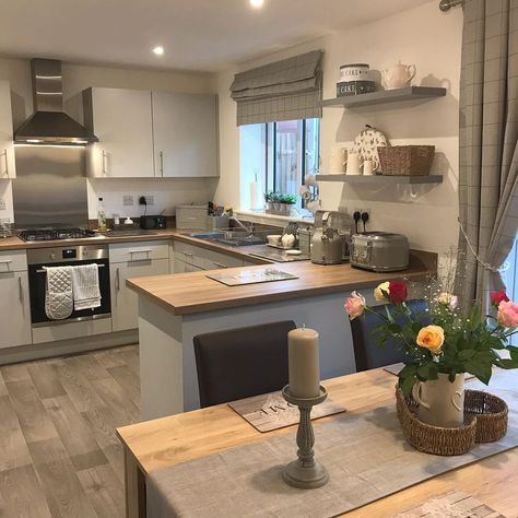 Caroline Smith | Middle of the week already.. my beautiful roses are just brightening up the kitchen 😊 @persimmon_homes #hatfieldpersimmon... | Instagram Kitchen In The Middle Of The Room, Persimmon Homes Kitchen, Newbuild House Interiors, Small Kitchen Diner Ideas Open Plan, Cosy Kitchen Ideas, Small Open Plan Kitchen Living Room, Small Kitchen Diner, Small Open Plan Kitchens, Caroline Smith