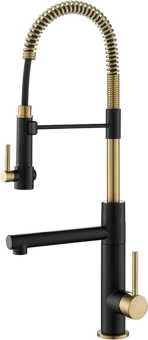 KRAUS Artec Pro (1 st Gen) Commercial Style Pre-Rinse Single Handle Kitchen Faucet (No Pull Down) with Pot Filler in Spot Free Antique Champagne Bronze/Matte Black, KPF-1603SFACBMB Black Industrial Kitchen Faucet, Black And Gold Kitchen Faucet Kohler, Black Rangehood Kitchen, Kitchen With Black And Gold Appliances, Gold And Black Kitchen Faucet, Gold Hardware In Kitchen, Black Sink Faucet Kitchen, Gold Kitchen Faucet With Stainless Sink, Black And Brass Kitchen Faucet