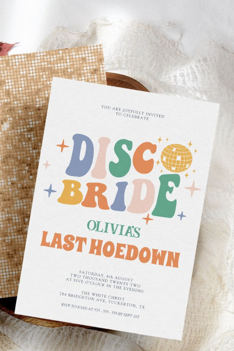 Retro Disco Ball Colorful Bachelorette Party Invites, Disco Bride + Cowgirl / Western Theme for Her Last Hoedown Last Hoedown, Chic Bachelorette Party, Chic Bachelorette, Bachelorette Card, Disco Bride, Retro Bachelorette Party, Retro Bachelorette, Last Disco, Bachelorette Party Invitation