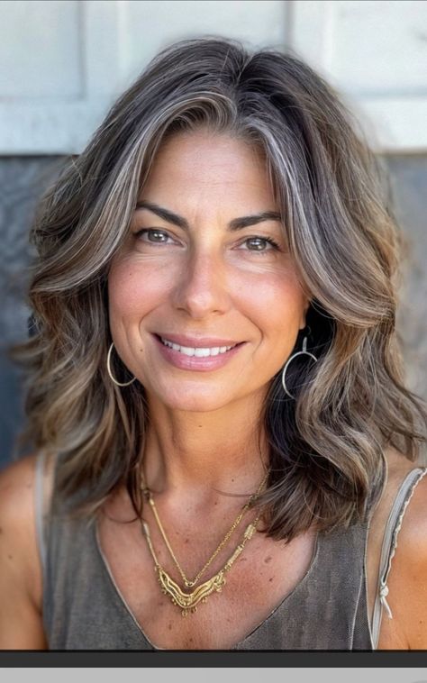 Brunette Grey Hair Transition, Natural Grey Brown Hair, Gray Transition Hair Highlights Brown, Grey Blended Hair Going Gray, Gray Transition Hair Highlights Curly, Butterfly Haircut Gray Hair, Embrace The Grey Hair, Brunette With Grey Hair, Medium Length Grey Hair Styles Over 50