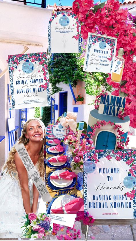 Mamma Mia Dancing Queen, Santorini Blue Tile & Pink Bougainvillea Bridal Shower theme #abba #mammamia #bachelorettepartyideas #bridalshowerinspo #bridalshower #party #partyaesthetic Bridal Shower Signs Diy, Diy Bridal Shower Decor, Mamma Mia Dancing Queen, Mamma Mia Dancing, Dancing Queen Bachelorette, Santorini Party, Mamma Mia Wedding, Bachelorette Disco, Mamma Mia Birthday