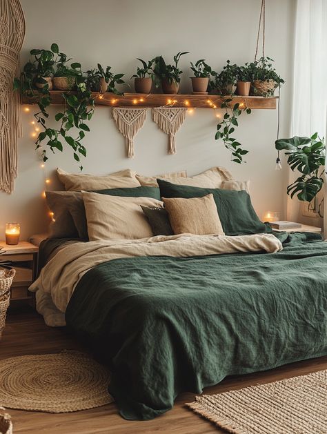 Transform your bedroom into a serene retreat with lush greenery, soft lighting, and earthy tones. This home bedroom refresh combines natural textures and cozy vibes. Perfect for anyone looking to bring a touch of tranquility to their space. #NaturalHome #BedroomDecor #BotanicalStyle Room Ideas With Sage Green, Aesthetic Bedroom Ideas Couples, Boho Room Minimalist, Green Plant Bedroom Ideas, Cute Plant Bedroom Ideas, Cozy Green And Brown Bedroom, Wood Bedroom Inspirations, Brown And Green Bedding Aesthetic, Bedroom With Light Brown Furniture