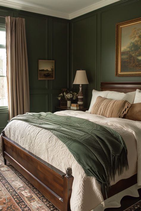 Rich Green Bedroom, Bedrooms With Dark Green Walls, Sage Green And Dark Brown Bedroom, Gilded Vintage Bedroom, 3 Bedroom Apartment Interior Design, Master Bedrooms Color Drench, Green Guest Room Ideas, Dark Green Master Bedrooms Decor Cozy, Green Midcentury Bedroom