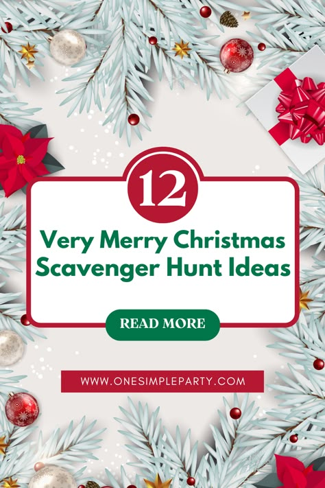 Want to host a Christmas scavenger hunt, but not sure where to begin?  Check out these 12 very merry Christmas scavenger hunt ideas.  From difficult clues to tasty candy cane treats, there are lots of ideas for making your Christmas scavenger hunt the highlight of the Christmas party this season.  #christmasscavengerhunt #scavengerhunt #christmasparty Scavenger Hunt Christmas Gift, Puppy Scavenger Hunt Clues, Christmas Mall Scavenger Hunt, Christmas Photo Scavenger Hunt Ideas, Christmas Scavenger Hunt Around Town, Christmas Scavenger Hunt For Adults Free, Scavenger Hunt Christmas Clues, Kids Christmas Scavenger Hunt Clues, Christmas Gift Scavenger Hunt For Teens