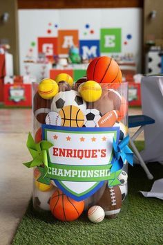 Kara's Party Ideas "It's Game Time" Sports Birthday Party | Kara's Party Ideas Themed Table Settings, Sports Party Ideas, Party Signage, Pedestal Tables, Sports Theme Birthday, Sports Birthday Party, Ball Birthday, Sports Birthday, Themed Birthday Cakes