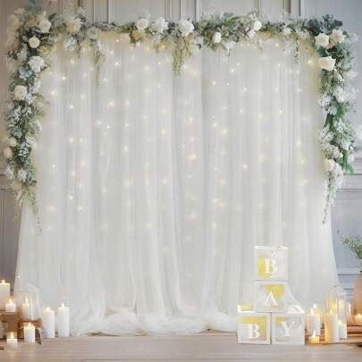 Curtain With Lights, Sheer Backdrop, Tulle Backdrop, Bday Themes, White Christmas Lights, Backdrop Curtains, Curtain Backdrops, Curtain String Lights, Outdoor Christmas Tree