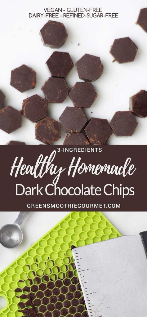 Homemade Dark Chocolate Chips {3-ingredients - vegan, glutenfree, dairy-free} Keto Friendly Ice Cream, Homemade Dark Chocolate, Dark Chocolate Recipes, Healthy Chocolate Recipes, Homemade Chocolate Chips, Low Carb Ice Cream, Vegan Candies, Keto Friendly Desserts, Vegan Chocolate Chip