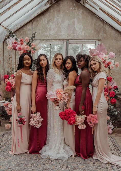 Intimate romantic glasshouse wedding | Bridesmaids dresses in mixed colours and shades including deep raspberry, oyster and blush pink | Imogen Eve Photography Pink Colour Scheme, Carpenter Photography, Bouquet Bridesmaid, Pink Wedding Inspiration, Bridal Party Outfit, Pink Wedding Theme, Mismatched Bridesmaids, Pink Color Schemes, Mismatched Bridesmaid Dresses