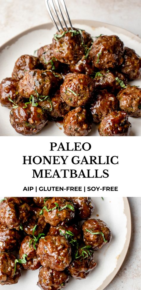 Easy Dinner Recipes Dairy Free, Easy Beef Meatballs, Dinner Recipes Dairy Free, Paleo Meatballs, Aip Treats, Recipes Dairy Free, Aip Diet Recipes, Honey Garlic Meatballs, Garlic Meatballs