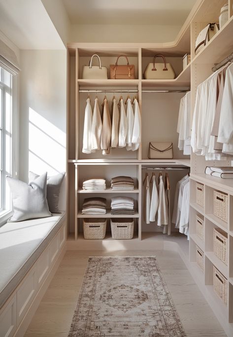 Optimize Your Space: 12+ Must-Know Closet Organization Tips! All Shelf Closet, Organised Closet Aesthetic, Narrow Long Walk In Closet, Closet Build Out, Utility Closet Storage, Elfa Closet Ideas, Pax Closet Ideas, Japandi Closet, Narrow Walk In Closet Ideas