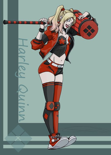 Harley Quinn Character Design, Diy Villain Costume, Harley Quinn Costume Women, Harley Quinn Outfit Ideas, Harley Quinn Costume Ideas, Harley Quinn Art Illustrations, Harley Quinn Hammer, Comic Harley Quinn, Harley Quinn Costume Diy