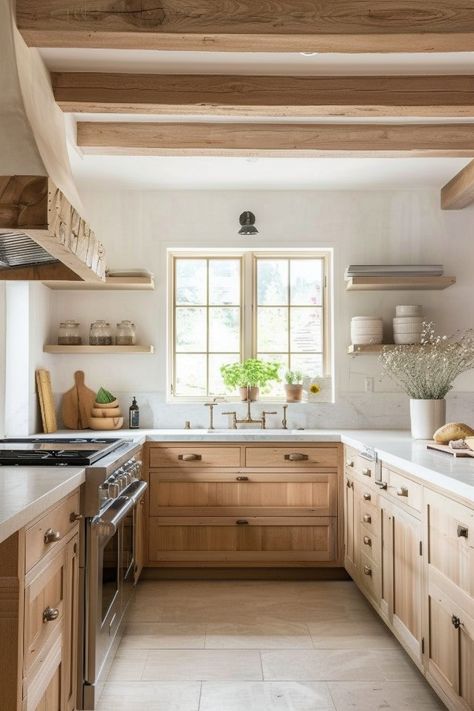 13 Stunning Natural Wood Kitchen Cabinet Ideas - DreamyHomeStyle Kitchen Wood Bottom Cabinets, Whitewash Wood Kitchen Cabinets, Natural Wooden Kitchen, White Wooden Kitchen Cabinets, Wood Cabinets Countertop Ideas, Light Kitchen Floors With Wood Cabinets, Simple Backsplash Kitchen Wood Cabinets, Wooden Country Kitchen, Wooden Cabinets With White Countertops