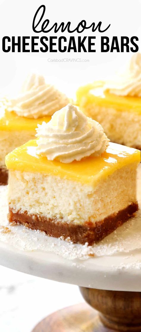 Lemon Cheesecake Bars Citrus Party, Cheesecake Bars Easy, Individual Cheesecakes, Lemon Cheesecake Bars, Carlsbad Cravings, Cheesecake Bar Recipes, Make Ahead Desserts, Best Cheesecake, Lemon Cheesecake