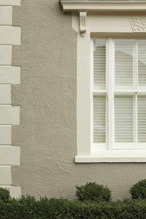 House painted in Farrow & Ball Masonry Paint - Light Gray rendering with bricks and window surround in Off-White and wooden window frame in Wimborne White Exterior Eggshell. Rendered Houses, Exterior Paint Colours, Best Exterior Paint, House Colour, Outside Paint, Masonry Paint, Colors For House, Pintura Exterior, House Colours