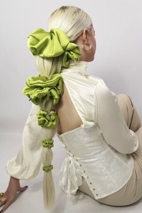 Green Scrunchie, Editorial Hair, High Bun, Peridot Green, August Birthstone, Low Ponytail, Hair Reference, Mode Inspo, 가을 패션