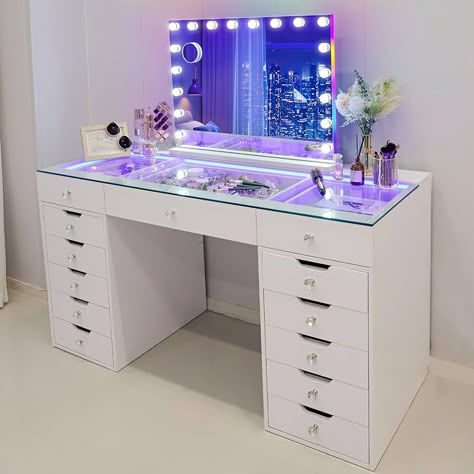 Amazon.com: VANITII Makeup Vanity Desk with Mirror and RGB Lights Vanity Table with Makeup Mirror Glass Top Vanities with Charging Station RGB Lighted Mirror Smart Touch Dressing Table Set for Bedroom : Home & Kitchen Dream Room Furniture, Cute Ways To Set Up Your Bedroom, Bedrooms For Small Spaces, Large Vanity Desk, Cute Thing To Add To Your Room, Teen Bedroom Vanity, Vanity Clear Top, Clear Top Vanity, My Dream Vanity