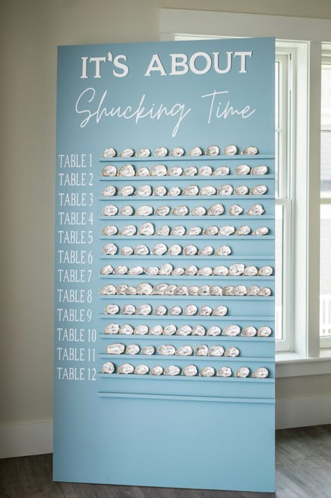 Wedding Idea Beach, Modern Nautical Wedding Inspiration, Cape Cod Wedding Seating Chart, Wedding Seating Chart Oysters, Cape Cod Wedding Centerpieces, Beach Wedding New England, Wedding Shell Decor, Beachy Table Settings, About Shucking Time Wedding