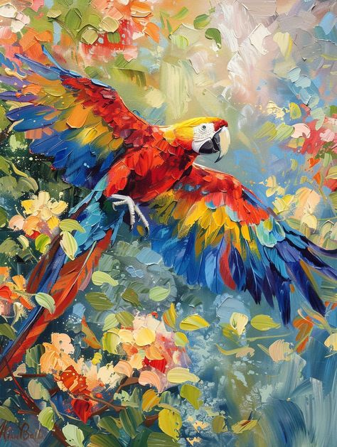 Macaw Parrot Flying with Blooming Flowers - Vintage Oil Painting Parrot Art Painting, Macaw Parrot Painting, Parrot In Flight, Macaw Painting, Abstract Impressionist Paintings, Paintings Of Birds, Macaw Art, Parrot Flying, Parrot Painting