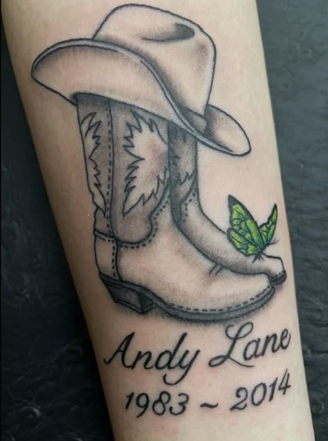 Army Remembrance Tattoos, Cowboy Boots And Hat Memorial Tattoo, Horse Tattoos Men, Grave Tattoo, Dad Daughter Tattoo, Back Ear Tattoo, Cowboy Hat Tattoo, Horse Shoe Tattoo, Cowgirl Tattoos