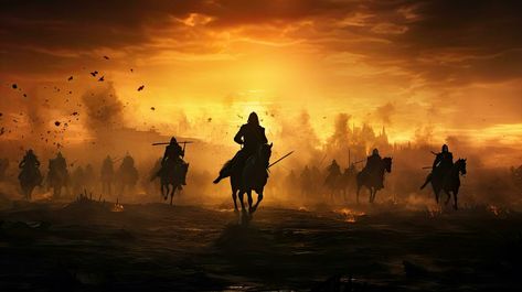 Warriors on foggy sunset background fighting in a medieval battle scene with cavalry and infantry Sunset Background For Editing, Gamer Outfit, Medieval Battle, History Background, Battle Scene, Warriors Wallpaper, Scary Dogs, Karbala Photography, Sunset Background