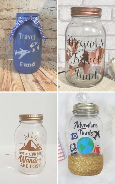 9 Travel Savings Jars to Fund Your Next Adventure Vacation Jar Ideas Saving Money, Travel Fund Jar, Diy Vacation Fund Jar, Travel Jar Ideas, Diy Savings Jar, Saving Jar Ideas, Money Saving Jars Ideas Diy, Cute Money Saving Jars, Vacation Savings Jar