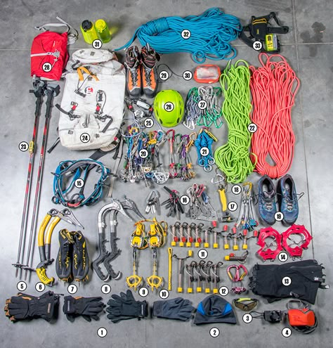 Liberty Mountain Climbing: Gear Quiver: Ice Climbing Climbing Tattoo, Mountain Climbing Gear, Rock Climbing Training, Climbing Outfits, Gear Room, Alpine Climbing, Mountaineering Climbing, Climbing Equipment, Mountain Gear