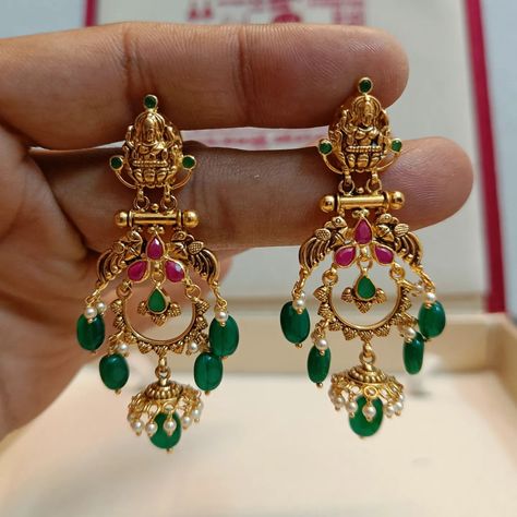 Gold Temple Chandbali Earrings From 'Sree Veerabhadra Jewellers' • South India Jewels Simple Temple Jewellery, Chandbali Earrings Gold Antiques, Gold Chandbali Earrings Design, Chandbali Earrings Gold Latest, Beads Jewelry Indian Gold, Latest Gold Earrings Designs, Chandbali Earrings Gold, Gold Ear Rings, Fashion Jewelry Necklaces Gold