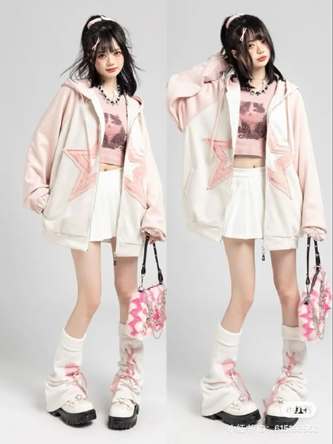 Pink Harajuku Fashion, Pink Pastel Outfit, Rock Girl Outfit, Chinese Y2k, Japan Fits, 2000s Japanese Fashion, Egirl Fashion, Pink Streetwear, Fashion Bella