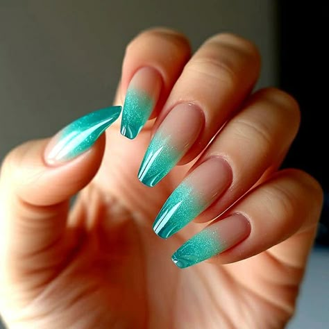 Teal Gradient Nails, Ombre Blue Nail Designs, Green And Blue Ombre Nails, Aqua Ombre Nails, Teal Almond Nails, Seaglass Nails, Aqua Nail Designs, Aqua Nails Design Ideas, Blue Ombre Nail Designs