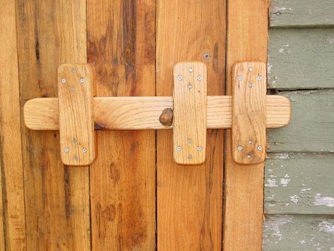 Image result for inward wood gate latch Gate Latch Ideas, Wooden Hinges, Barn Door Latch, Inside Doors, Double Gate, Wood Gate, Gate Latch, Storage Sheds, Wooden Gates