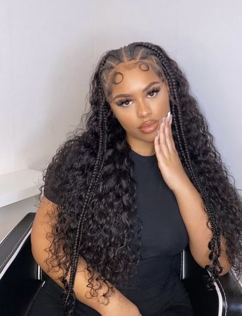 cute braided hairstyles with weave Braids In Front With Curly Hair, Half Braid Hairstyles For Black Women, Cornrow And Curly Weave Hairstyles, Braids In The Front Curly In The Back, Braids Front Curly Back, Feed In Half Up Half Down Weave, Curly Sew In With Braids, Braided Curly Hairstyles For Black Women, Half Up Half Down Braids With Curls