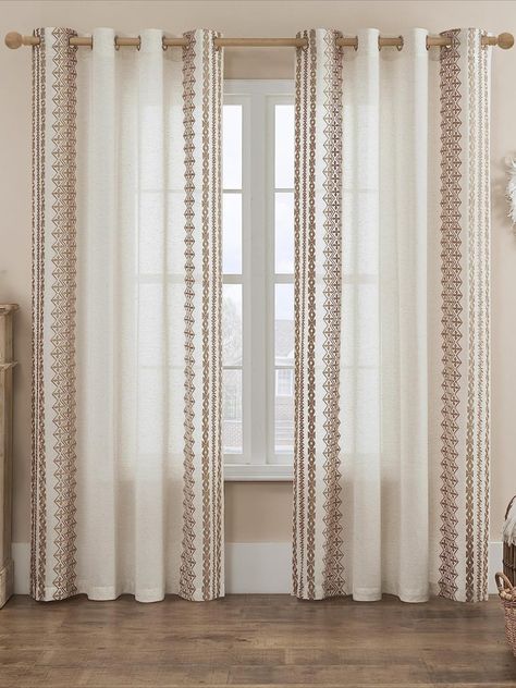 Boho Curtains 84 Inches Long 2 Panels set for Living Room Bedroom Tan Linen Sheer Curtains Grommet Light Filtering Neutral Bohemian Striped Embroidered Drapes Farmhouse Window Decor, 52x84, Taupe #ad Large Window Curtains, Neutral Curtains, Cream Curtains, Brown Curtains, Sheer Linen Curtains, Bohemian Curtains, Farmhouse Windows, Farmhouse Curtains, Boho Curtains