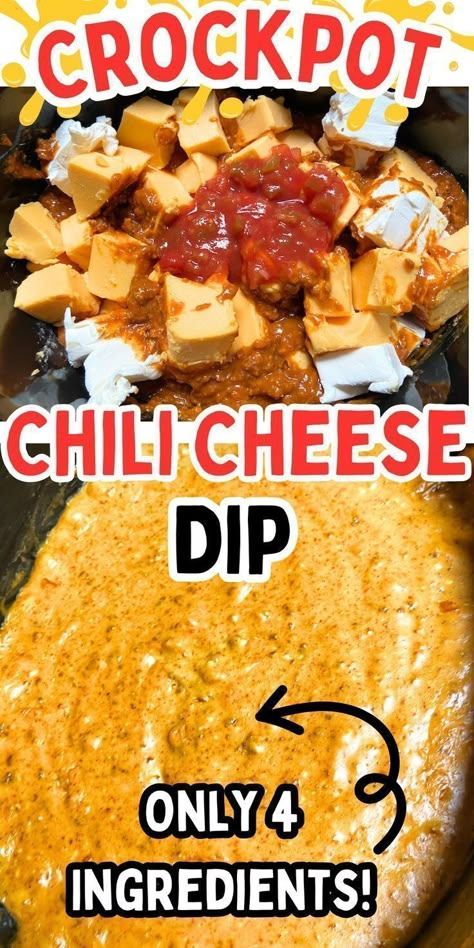 Let's kick off your summer party with this easy Crockpot chili cheese dip from Crock Pots and Flip Flops! It's a super delicious 4-ingredient dip that you can prepare ahead of time and heat up in the crockpot. This slow cooker chili cheese dip features Velveeta, cream cheese, chili, and salsa. With just a handful of ingredients, you can whip it up in minutes for group parties, family gatherings, and any occasion that calls for delicious snacks! Try this easy gluten-free recipe today! Crockpot Chili Cheese Dip, Easy Crockpot Dips, Chili Cheese Dip Crockpot, Cream Cheese Chili, Chili Cheese Dip Recipes, Easy Crockpot Chili, Cheese Dip Crock Pot, Dip Recipes Crockpot, Slow Cooker Dips