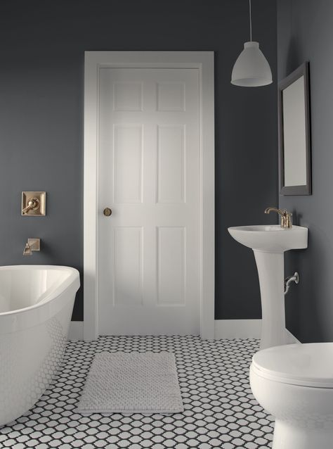 Bathroom Paint Colors With Black And White Tile, Bathroom Gray Paint Colors, Small Bathroom Paint Colors Sherwin Williams Half Baths, Gray Bathroom Walls Colour Schemes, Grey Paint Bathroom Ideas, Charcoal Gray Bathroom Walls, Small Full Bathroom Paint Colors, Bathroom Dark Grey Walls, Small Bathroom Wall Paint Ideas