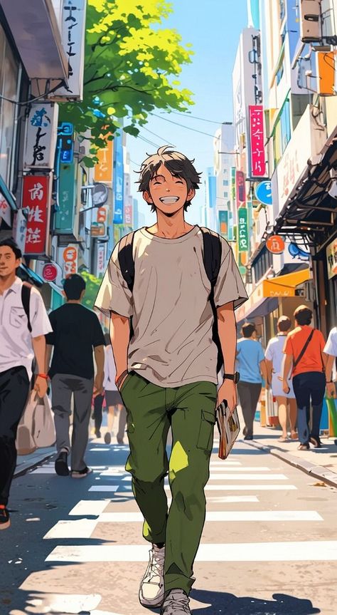 Guy Walking Drawing, Anime Smiling Face, Man Walking Illustration, Anime Style Character Design, Men Character Design, Anime Smiling, Anime Boy Smile, Walking Illustration, Smile Aesthetic